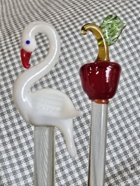 Set Of 2 Glass Swan & Apple Stir Sticks
